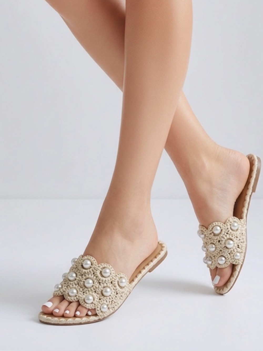 Gianni Bini Pearl Raffia Crochet Slide Sandals Flat Slip On Cream Tan Size 9